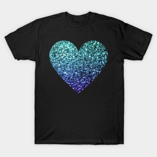 Teal and Dark Blue Ombre Faux Glitter Heart T-Shirt
